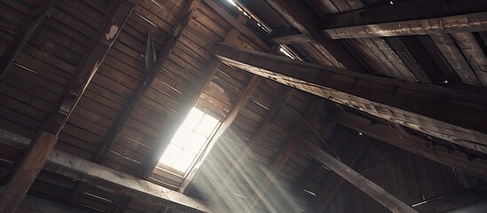 Attic of a building with wooden beams of a roof structure. Copy space image. Place for adding text and design