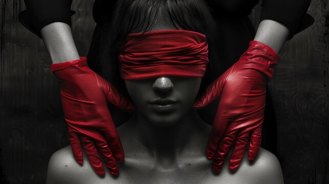 Woman with a red blindfold over their eyes, set against a dark background