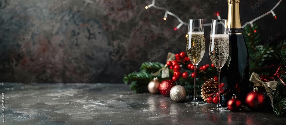 Aufkleber champagne bottles and glasses on the table against the backdrop of christmas decorations. copy space
