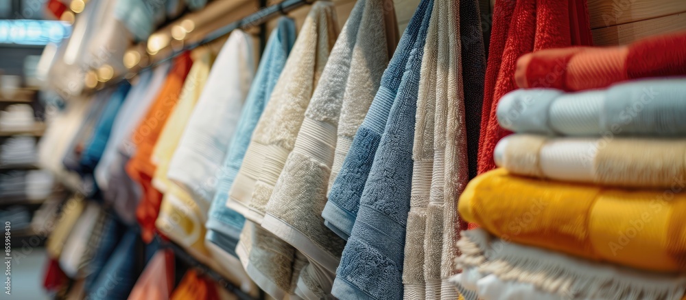 Aufkleber many towels hanging on the hook for sale in housewares shop. copy space image. place for adding text