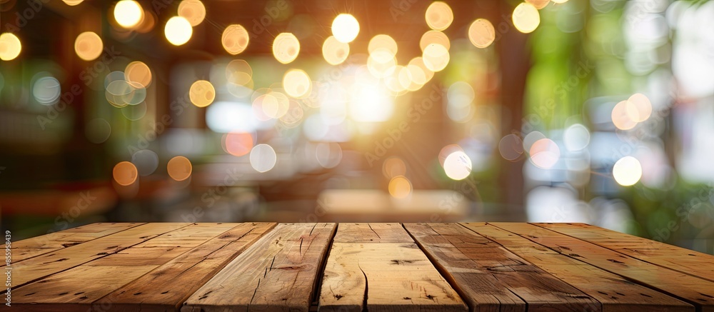 Poster empty wooden table top with lights bokeh on blur coffee shop background. copy space image. place for