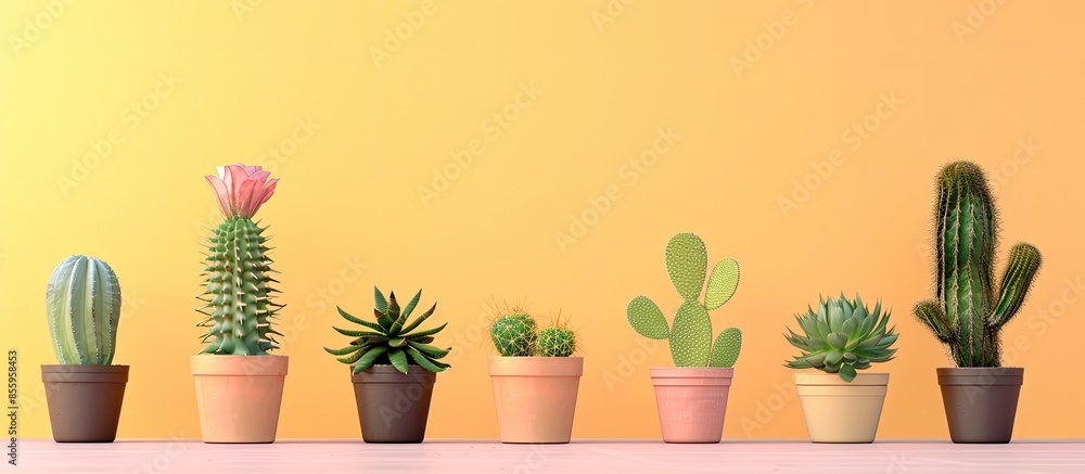 Poster cactus collection planted in pots. copy space image. place for adding text and design