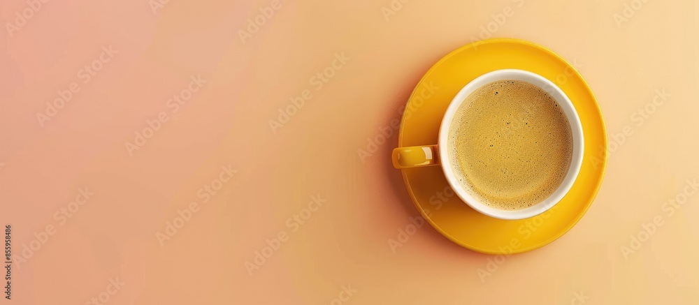 Poster yellow cup of coffee on a pastel background texture. copy space image. place for adding text and des