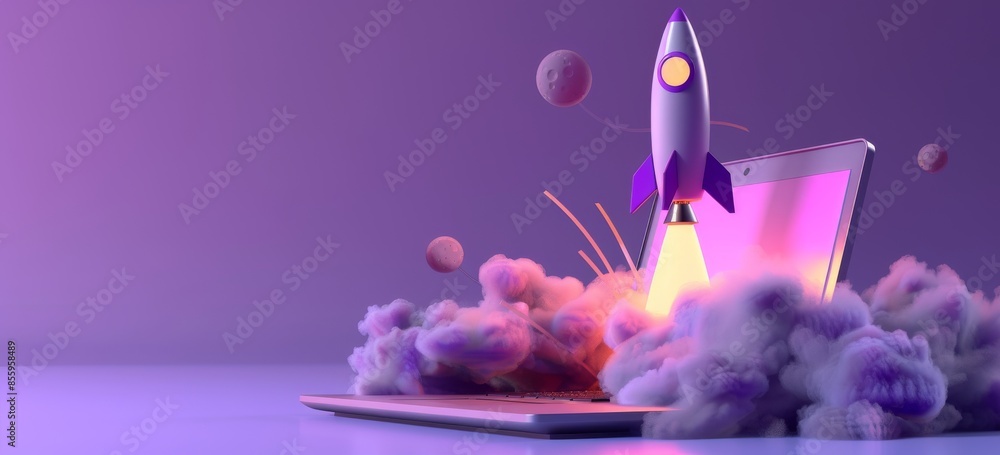 Poster an exploding rocket is erupting from the screen of a laptop on a black purple background. this is st