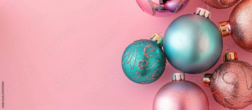 Poster christmas concept with baubles isolated on pastel background. copy space image. place for adding tex