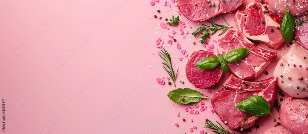 Poster meat collage on pastel background food isolated concept. copy space image. place for adding text and
