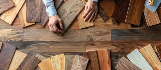 wooden texture furniture material samples for interior design. designer working in office. banner. Copy space image. Place for adding text or design