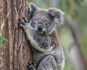 Naklejka premium A baby koala is climbing up a tree