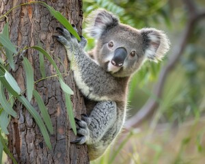 Obraz premium A baby koala is clinging to a tree branch