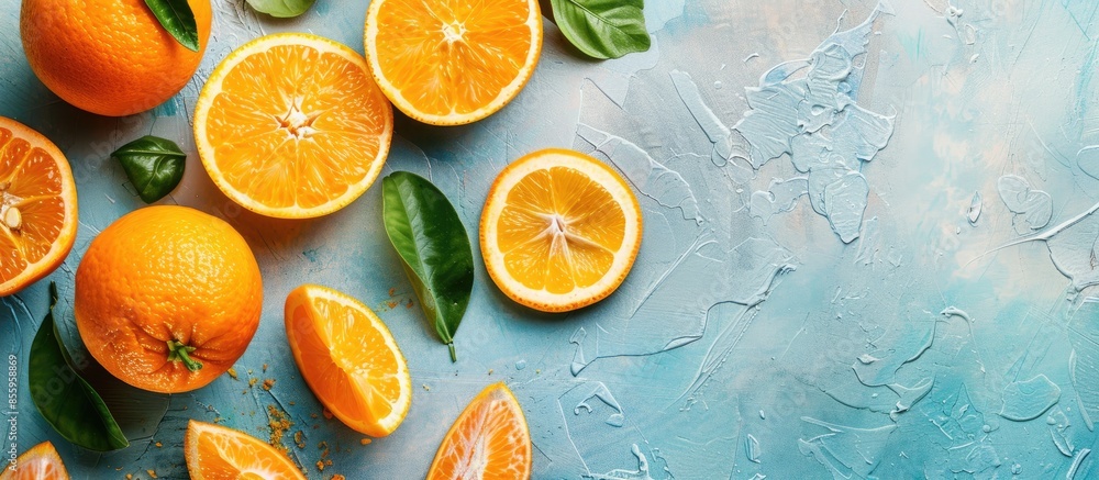 Poster slices of fresh ripe orange on pastel background orange. copy space image. place for adding text and