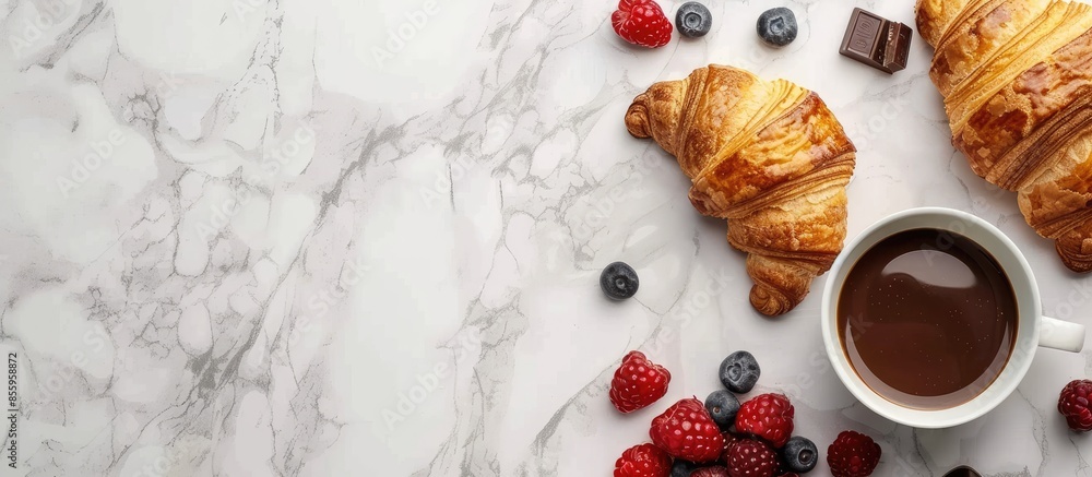 Poster croissant with fresh berries, chocolate spread and butter with cup of coffee on a marble texture bac
