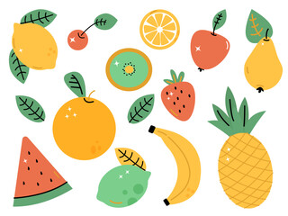 bright vector set with juicy summer fruits on a white background