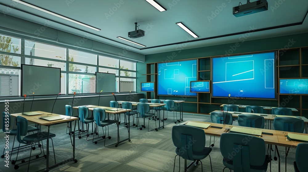Poster a modern classroom with interactive panels and ai assistants for an enhanced learning experience. ge