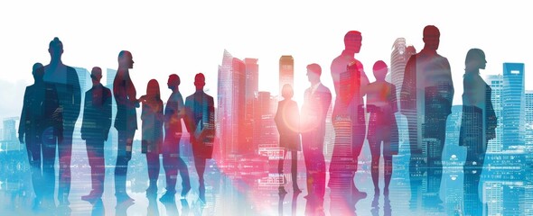 Digital mixed media silhouette of people studying a city to learn more about business