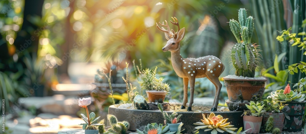 Poster decorative table with plants, cactus and deer sculpture in the green open space and garden. copy spa