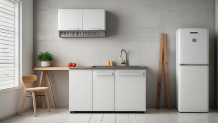 Interior of modern kitchen with kitchen sink and cooker and fridge on white wall