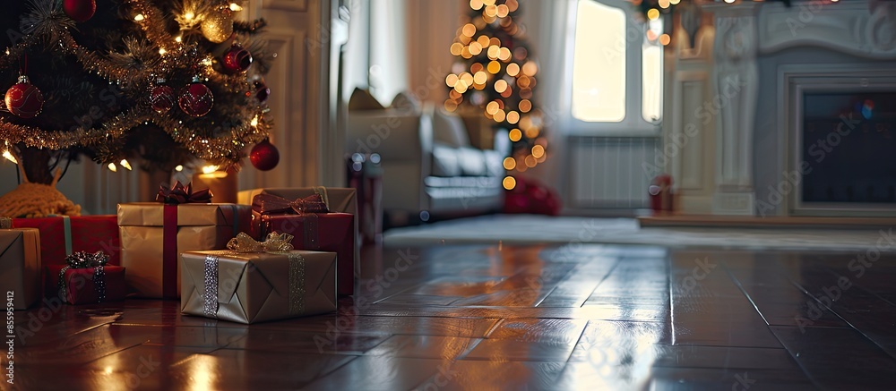 Poster gifts under the christmas tree in a beautiful house. copy space image. place for adding text and des