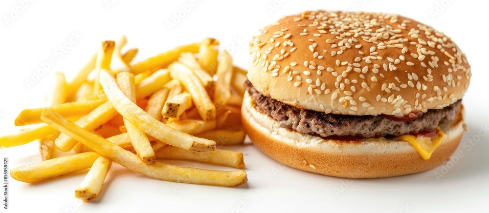 Poster beef burger and french fries isolated on white background. copy space image. place for adding text a