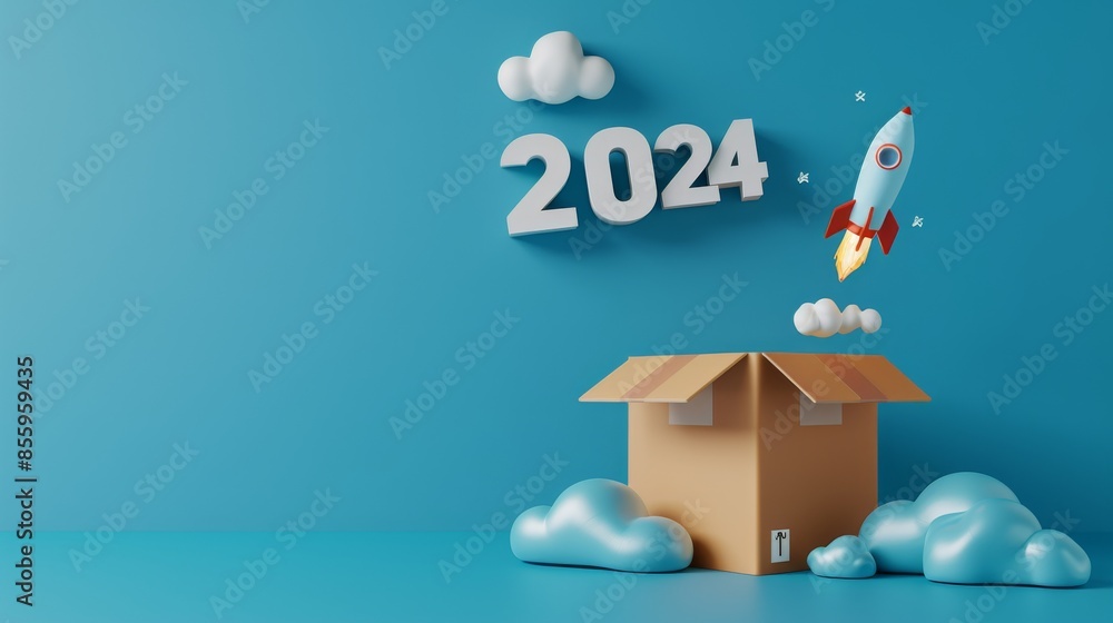 Poster an open box launch in the year 2024 with rockets rising and lights floating above. marketing concept