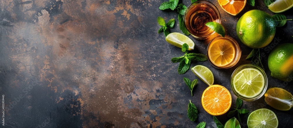 Poster delicious mezcal alcoholic beverage assortment background. copy space image. place for adding text a