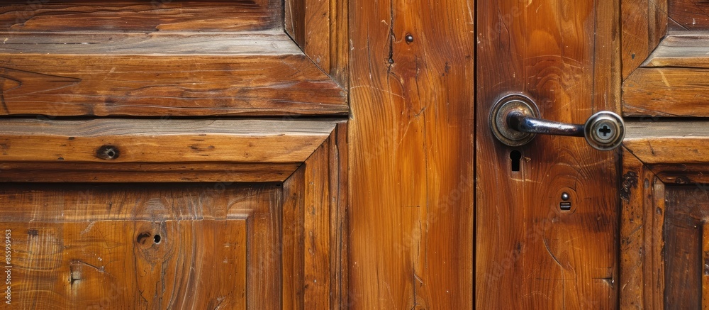 Poster light brown convention wooden door with door handle and key lock. copy space image. place for adding