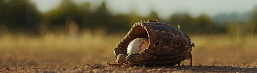 Game Ready: Baseball in Leather Glove on Field with Copyspace