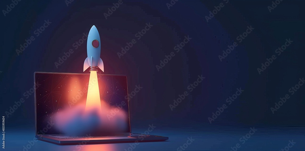 Poster background showing a rocket coming out of a laptop screen. the image is an innovative and creative c