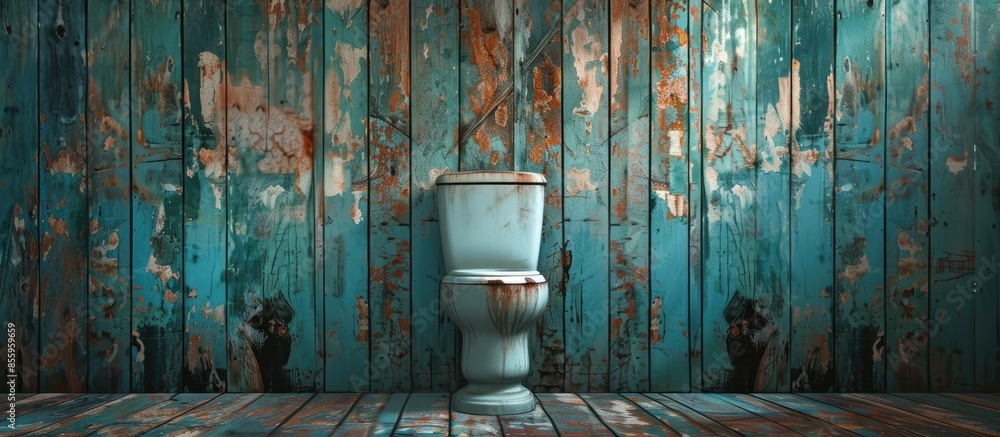 Poster toilet with wooden walls are ancient. and use the toilet as a blue ceramic. copy space image. place 