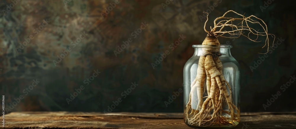 Poster large ginseng root in a transparent glass jar. the idea of room decoration and interior design. copy