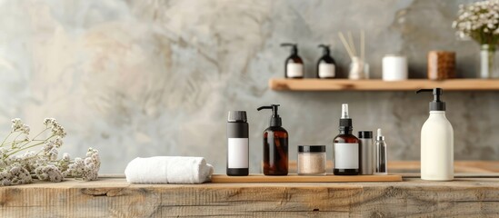 Care cosmetics for face, body and hair on a wooden shelf. A set of cosmetic products shampoo, cream, serum and scrub on a shelf in the bathroom. Foreground. copy space. Beauty concept.