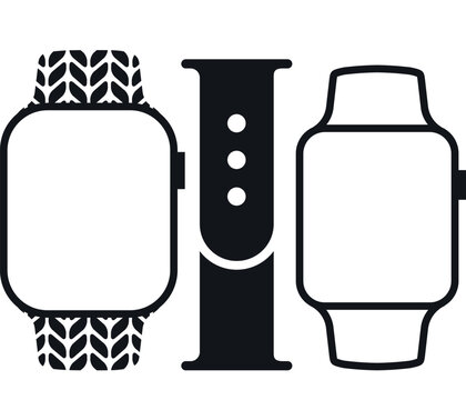 Apple watch icons with different patterned straps and dial button in Smart Device Outline icon Isolate on White Background. Collection of Smart watch ultra pro sports  gadgets for time icons set