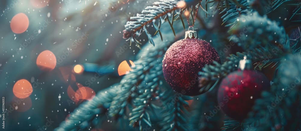 Poster beautiful christmas ball close-up on a christmas tree branch. copy space image. place for adding tex