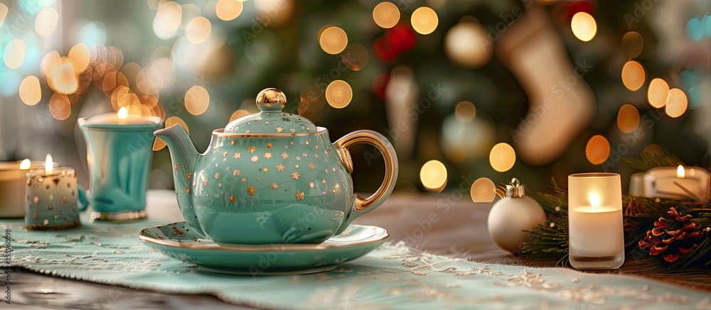 Poster new year's tea party at the table with a teapot, candles on the background of the christmas tree. co