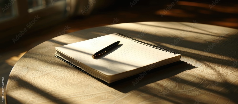 Poster empty notebook sheets and pen on a table with sunlight shadows, minimalist lifestyle writer home wor