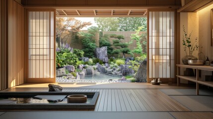 Fototapeta premium Sliding paper doors opening to an indoor zen garden