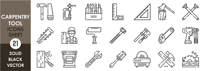 A set of line icons related to carpentry tools. Carpenter, tools, saw, wrench, scale, driller, hammer, paint and so on. Vector outline icons set.