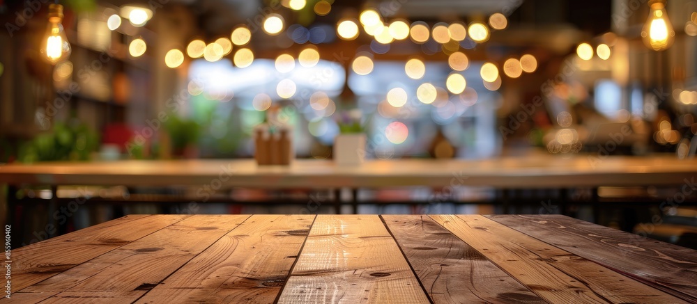 Poster Picture of a brown wood table in front of a cafe. Blurred background with bokeh lights. Copy space image. Place for adding text and design