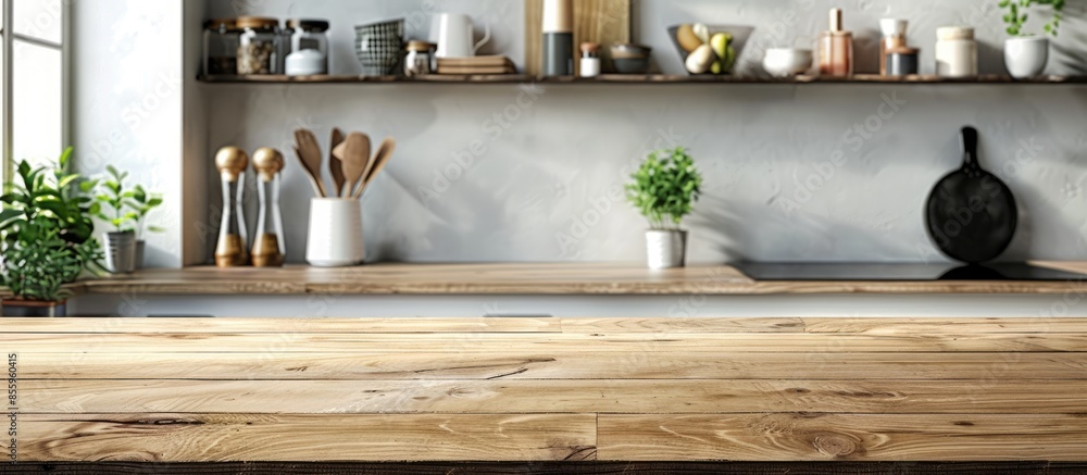 Poster wood table in the kitchen background for your artwork. copy space image. place for adding text and d