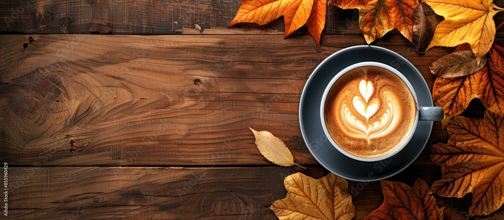 Aufkleber cup of cappuccino with latte art on wooden background. autumn flat lay composition. cozy breakfast. 