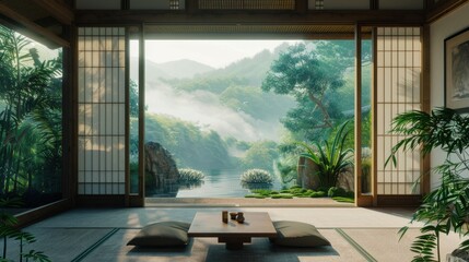 Fototapeta premium Sliding paper doors opening to an Engawa seating area