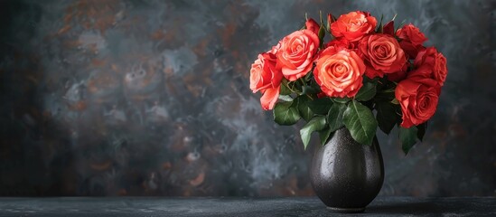 Vases of roses for special dates, anniversaries, birthdays, weddings or congratulations. Or used to decorate houses and places. Copy space image. Place for adding text and design