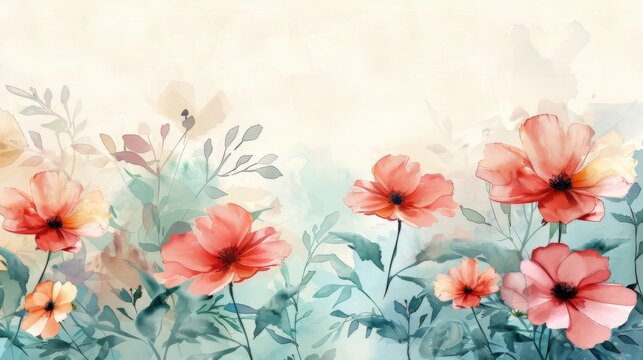 A watercolor painting of red poppies in a field with a beige background.