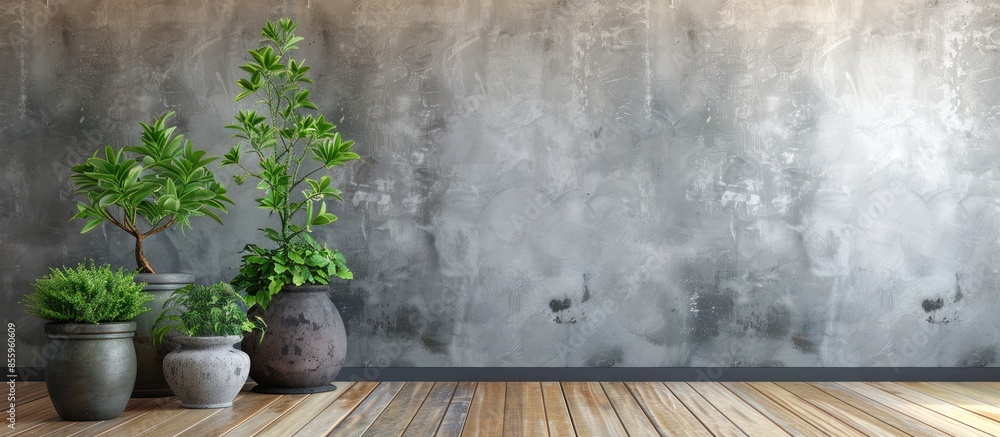 Poster different potted herbs in room. interior design. copy space image. place for adding text and design