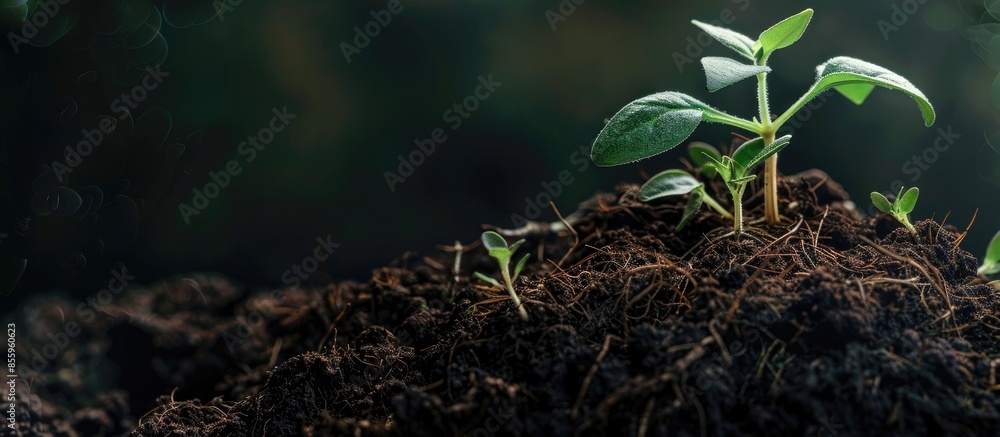 Poster close up view of plant shoots growing on a root. copy space image. place for adding text and design