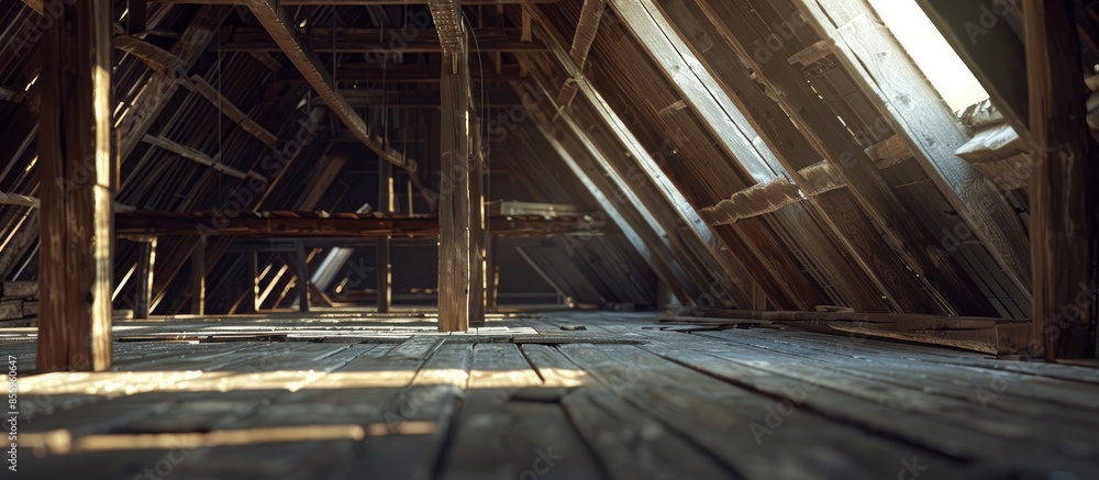 Poster attic of a building with wooden beams of a roof structure. copy space image. place for adding text a