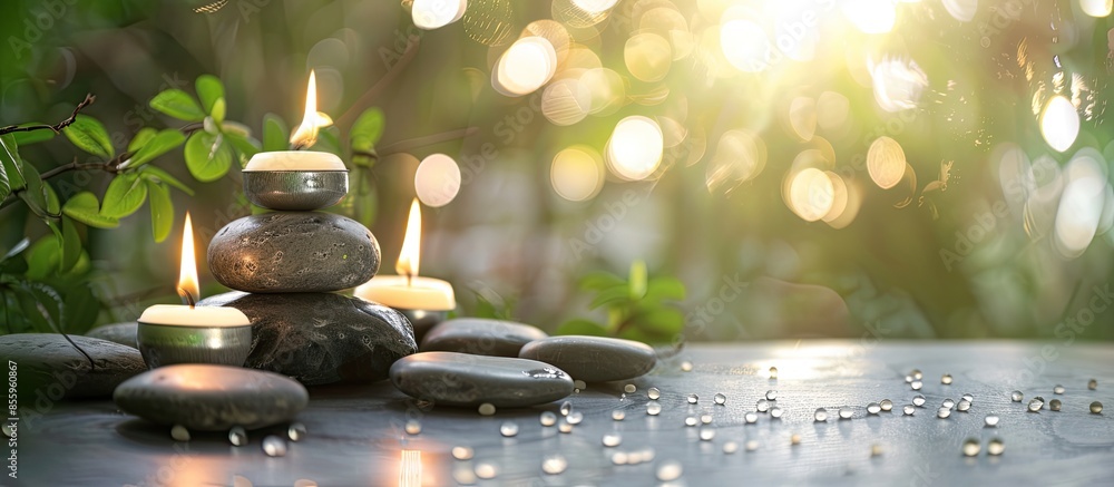 Poster burning candles and spa stones on grey table against blurred green background. copy space image. pla