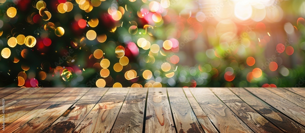 Poster empty wood table or shelf top on blur bokeh christmas tree background. for products display or monta
