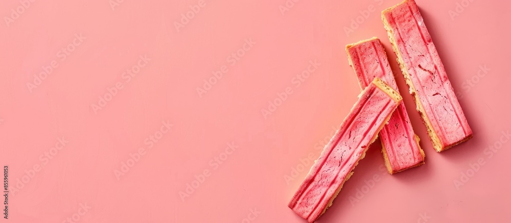 Poster an isolated strawberry biscuit sticks on pastel background. copy space image. place for adding text 