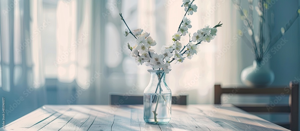 Aufkleber vase with beautiful blossoming branches on dining table in kitchen. copy space image. place for addi
