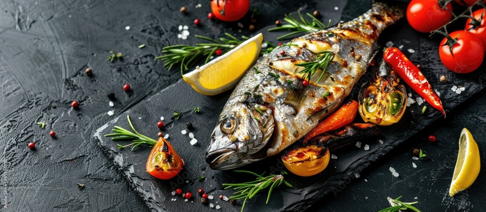 Poster baked dorado fish with vegetables on a black stone plate. top view. free space for your text. copy s